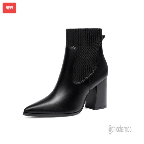 Women's Ankle Boots Chunky Heel Pointed Toe Knit Chelsea Winter Dress Booties